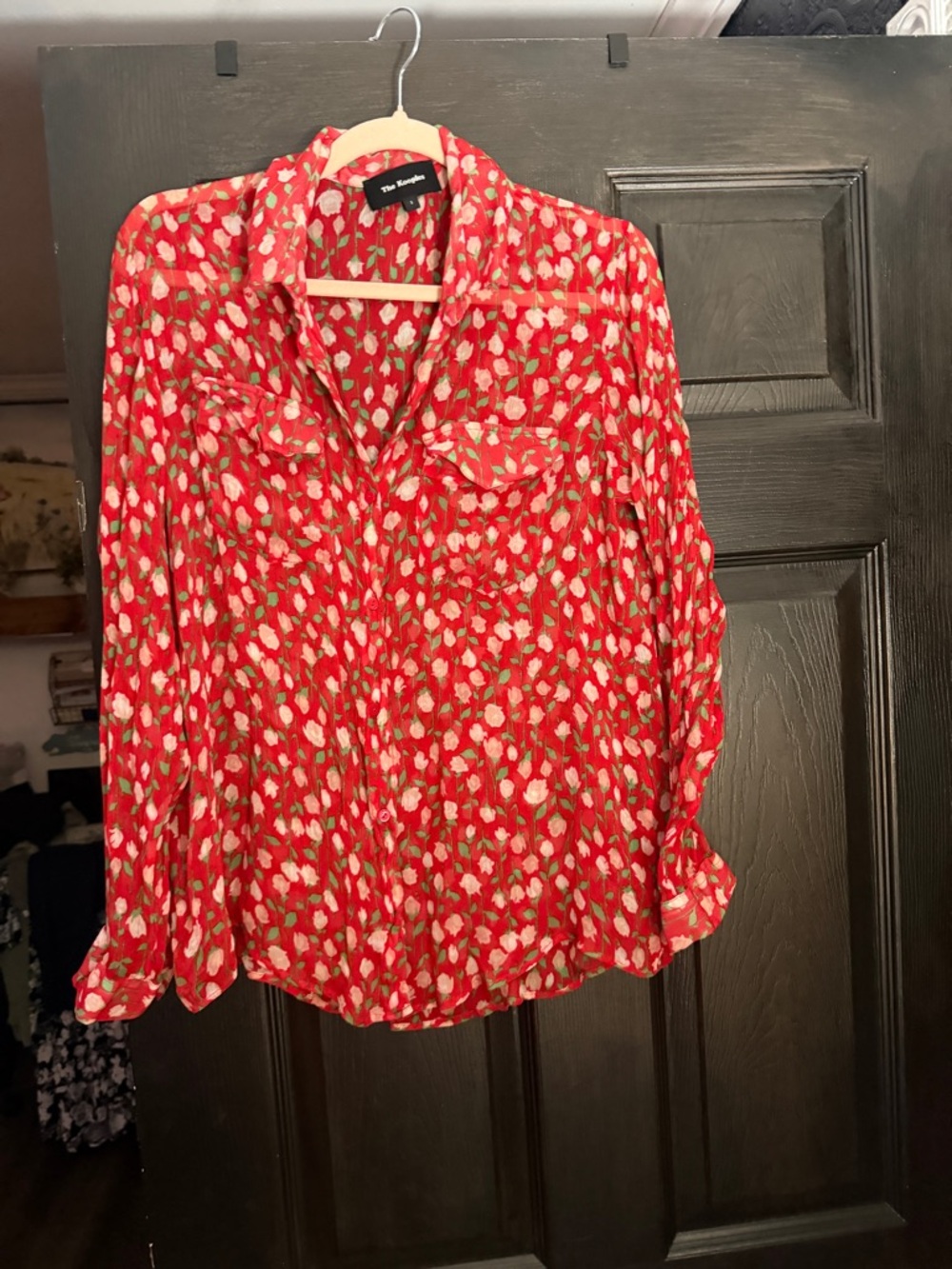 The Kooples Rosa Rose Sheer Red Silk Floral Blouse Size 3, Large
